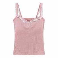 Sassy & Spicy Lace Wood Ear Trim Blue Spaghetti Strap Open Back Slim Fit Tank Top with Chest Pads One Size šviesiai rausvos spalvos