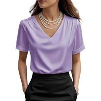 Women T-shirt Solid Color Loose Fit Smooth Satin V-Neck Short Sleeve Tops Summer Casual Tee Shirt Daily Wear M violetinė