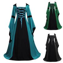 Women's Square Neck Flare Long Sleeve Maxi Dress Loose Fit Loose Waist Vintage Medieval Hooded Lace Up Color Block Ball Gown S bordinė
