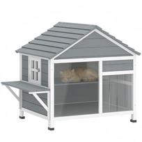 Lauko katės namelis Atidaromas stogas Panoraminis langas Lentos durys ir poilsio platforma 101x72,5x81cm Pilkas 101 x 72.5 x 81 cm