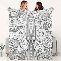 Flannel Universe-Themed Coloring Blanket - 250G/M2 Suitable for Black And White Space Line Art, English Labeled Rocket And Planet Patterns, Portable B 75X95CM gray
