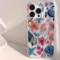 Phone Case For iPhone 13 12 11 16 15 14 Pro Max 16E XS X XR 7 8 Plus SE2 Cute Pink Heart Starfish Coral Jellyfish Pattern Cover For iPhone 16 E gray