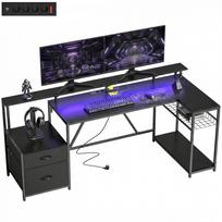 Kampinis žaidimų stalas su įkrovimo stotele, LED apšvietimu ir monitoriaus laikikliu, medžio ir plieno, 192,5x80x86,5 cm, juodas 192.5 x 80 x 86.5 cm