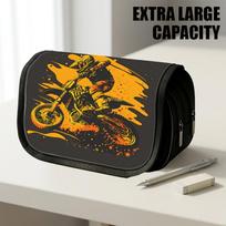 1pc Double Layer Flip Pencil Case, Motocross Illustration, Large Capacity, Portable Polyester Pen Storage Bag with Zipper Closure, Ideal for School & 20x9x11cm orange