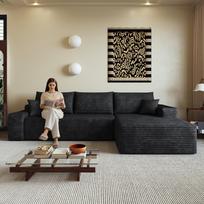 270cm Modulinė kampinė sofa be rėmo, su L formos ilguoju gultu, su gilia sėdimąja dalimi, nereikia surinkti, svetainei, miegamajam, butui, juoda 270 x 175 x 83 cm juoda