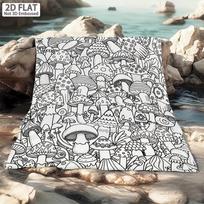 2D plokščias, vientisas, minkštas pliušinis grybų serijos spalvinimo pledas - patogus pledas, tinkantis visiems sezonams, su ilgu spalvinimo knygos elementu, Gryb 75X95CM gray