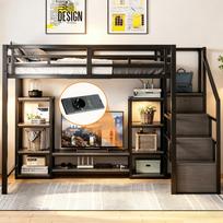 Aukšta lova 140x200 su TV stovu, rozete ir saugos kopėčiomis, metalo ir medžio derinys, taupanti vietą, vaikų dviaukštė lova su laikymo vieta, juoda 251 x 146 x 174 cm juoda