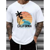 European sizes Men's California Surf City Print T-Shirt White Short Sleeve Round Neck Casual Surfing Tee with California Location Design S balta