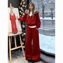 Women's Fur-Collar Hooded Sweatshirt & Wide-Leg Pants Set, Plus Velvet, Red, Casual Fashion for Autumn/Winter S gray