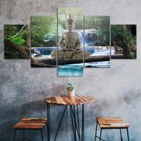 Buddha Waterfall Scene 5 Piece Five Panel Wall Canvas Print Modern Art Poster Picture Home Decor Gift For Him For Her 20X35 20X45 20X55CM gray