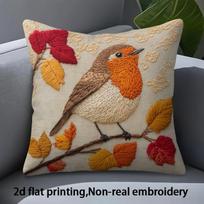 Vintage Embroidered Robin Bird Throw Pillow Cover Autumn Leaves Farmhouse Decorative Pillow Case For Sofa Couch Bed Living Room Linen 80*80(CM)-1Pcs