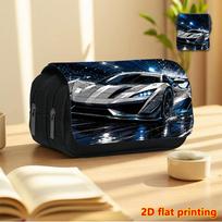 Silvery Race Track Sports Car Print Double-Layer Flip-Top Black Pencil Case - Back-to-School Essential Pencil Box, Daily Multi-Functional Makeup Bag, 20x9x11cm gray