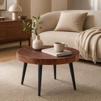 Apvalus kavos staliukas iš tamsaus medžio su 5 cm storio stalviršiu su metinėmis rievėmis ir juodomis metalinėmis kojomis; Idealiai tinka mažoms svetainėms 60 x 60 x 37 cm
