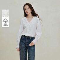 INMAN Women's French Style Xinjiang Cotton V-neck Blouse M perlų baltos spalvos