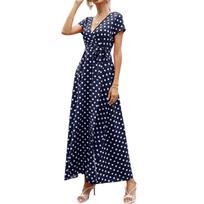Women's Dresses Casual Elegant Waisted Polka Dot Split V-Neck Short Sleeve Dresses L tamsiai mėlyna