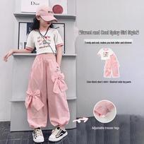 Hello Kitty Girls' Summer Color-Block Short Sleeve Wide-Leg Pants Set 120 rožinė