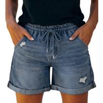 Jean Shorts for Women High Rise Roll Up Hem Straight Leg Distressed Denim Shorts Elastic Waist Drawstring Summer Ripped Hot Shorts with Pockets M mėlyna