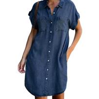 Ladies Dress Button Pocket Short Sleeve Lapel Solid Color Daily Wear Single-breasted Side Split Women Dress Female Clothes 3XL tamsiai mėlyna spalva