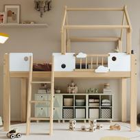 Aukšta lova, Vaikų lova su apsauga nuo kritimo ir turėklu, Stogo dizainas, Su trijų pakopų pasvirusi kopėčia, Pušis+MDF+Fanera, Balta+Natūrali, 90x200cm 204.5 x 123.5 x 196 cm