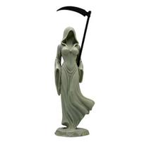 Tabletop Gothic Grim Reaper Figurine with Scythe Spooky Female Sculpture with Hooded Robe for Halloween Home Desk Shelf Decor A gray