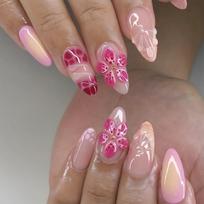 Short almond nails, press-on nails, wholesale pink 3D floral high-end nail tips, press on nails Glue type brown
