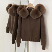 Women Cardigan Natural Fur Coat Real Mongolian Fur Knitwear Spring Autumn Hooded Knitted Fur Jacket One Size black