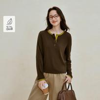 INMAN Women's Color-block Henley Long Sleeve T-shirt kava