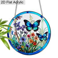 Acrylic Blue Butterfly and Wildflowers Suncatcher, Stained Glass Style Window Hanging Ornament for Garden and Nature Lovers 20cm/7.87Inch blue