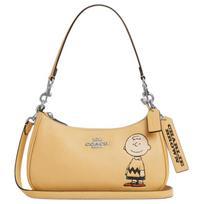 COACH PEANUTS Collaboration Teri 24 Charlie Brown Print Shoulder Crossbody Bag Pebbled Leather Handbag Medium Women's Silver with Hay Color sidabras