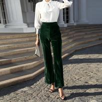 European & American Patchwork Gold Velvet High-Waisted Flare Pants for Women - 2023 Spring/Fall Collection M tamsiai žalia spalva