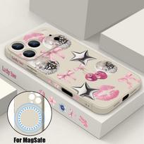 Cherry Bowknots Lips Disco Ball Case For iPhone 17 Pro Max Magnetic For Magsafe Silicone Cover For iPhone 16 Pro Max Funda iPhone 15 14 13 12 11 16E iPhone 16E smėlis