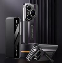 For Huawei Pura 80 Pro Plus Ultra Top Grain Genuine Leather Case Smart View Window Skin Handling Invisible Metal Kickstand Cover Genuine Leather&Huawei Pura 80 juoda