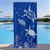 Deep Blue Line Art Sea Turtle Coral Beach Towel Underwater Bubbles Marine Print Sand Free Towel Nautical Pattern Beach Towel 130x80cm white
