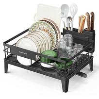 SONGMICS Dish Drying Rack, Kitchen Dish Rack, with Drainboard, 360 degrees Rotatable and Extendable Spout, with Cutlery Holder, 31 x 42 x 18.5 cm juoda