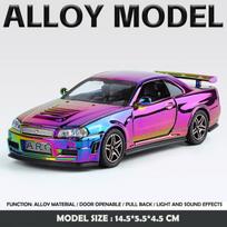 Galvanizuotas 1:32 Nissan Skyline GTR-R34 Sportinio Automobilio Modelis Garsas Šviesa Metalinis Žaislinis Transporto Priemonė Vaikams Berniukui Dovana Miniatiūrinis Automobilis