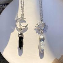 2Pcs Couples Retro Sun Moon Natural Stone Hexagonal Column Crystal Couple Jewelry Necklace white