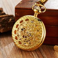 Golden Mechanical Pocket Watch Hand Wind Fob Watches Roman Numerals Moon Shape Hollow Dial Skeleton Clock Chain for Men Women brown