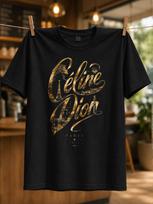 Celine Dion Paryžius 2026 Auksinis Rašytinis Užrašas Su Elegantišku Portreto Stiliaus Dizainu Ir Klasikine Diva Duokle Unisex Visi Marškinėliai S