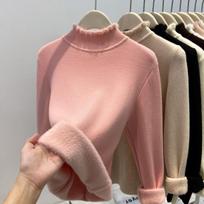 Tender pink semi-turtleneck sweater women's winter chic fungus edge integrated fleece thickened knitted top with bottoming shirt XL juoda
