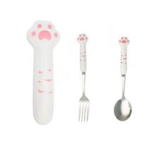 Cute Cat Paw Cutlery Set Portable Flatware Stainless Steel Travel Fork Spoon with Storage Box Lunch Bento Accessories white