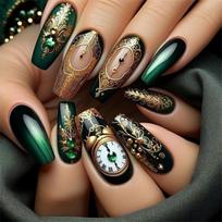 Medium Length Coffin Press On Nail Green Black Square Full Cover Artificial Faux Nail with Vintage Clock Design 24 Pcs 1 brown