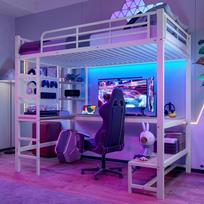 Aukšta lova, 90 x 200cm, Geležinis rėmas, Stalas, Apsauginis turėklas, Laipteliai, Lentynos, su USB+Type-C lizdu, su LED juosta, su perforuota lenta, be čiužinio, Balta 204 x 95 x 180 cm balta