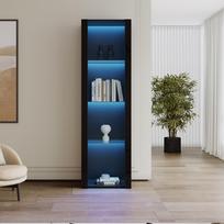Juoda Blizgi Vitrina su LED Apšvietimu, 3 Stikliniai Skyriai, 55*38*166cm, Eksponavimo Vitrina, Pastatoma Spintelė, Aukšta Spintelė, Sandėliavimo Spintelė juoda