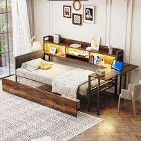 Geležinė sofa-lova 90 x 200 cm, su LED apšvietimu ir saugykla, stalčiais ir daugiafunkcine rozete, sulankstomu stalviršiu, minkštu atlošu, viengule lova, medžio spalvos 238.5 x 109.2 x 103 cm
