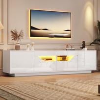 180*40*45cm Grindinis TV staliukas, Žemas staliukas su 2 stalčiais ir 2 spintelėmis, Blizgus TV staliukas su LED apšvietimu, Tinka 75 colių televizoriams, Baltas 180 x 40 x 45 cm balta