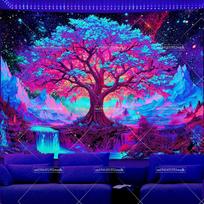 Glow In The Dark Tapestry Mountains Tree Blacklight Tapestry UV Reactive Wall Hanging Lake Landscape Fluorescent Tapestries 100X70CM pink