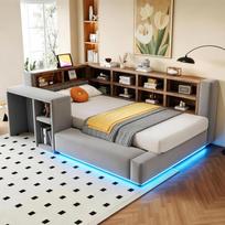 Apmušalas Lova 90 x 200 cm, Daugiaaukštės Sandėliavimo Vietos, LED Apšvietimas, Integruoti Lizdai Galvūgalis, Šoninis Stalas, Paminkštintas Atlošas, Tamsiai Pilka 212.5 x 130.5 x 74 cm tamsiai pilka spalva