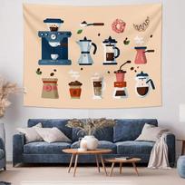 Coffee Maker Equipment Donut Drink Wall Tapestry Machine Washable All Season Decor Art Print Kitchen Cafe Design Home Nontoxic 100X70CM gray