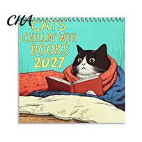 Yearly Schedule Planner 2027 Cats Reading Wall Calendar, Jan. - Dec. 12 Monthly Hanging Traditional Paper Organizer Planner, Cute Kitty Illustrations A blue