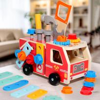 Medinis Montessori Gaisrinis automobilis - Varžtų surinkimo ir ardymo įrankių automobilis, STEM žaislas mažyliams rankų įgūdžiams lavinti red
